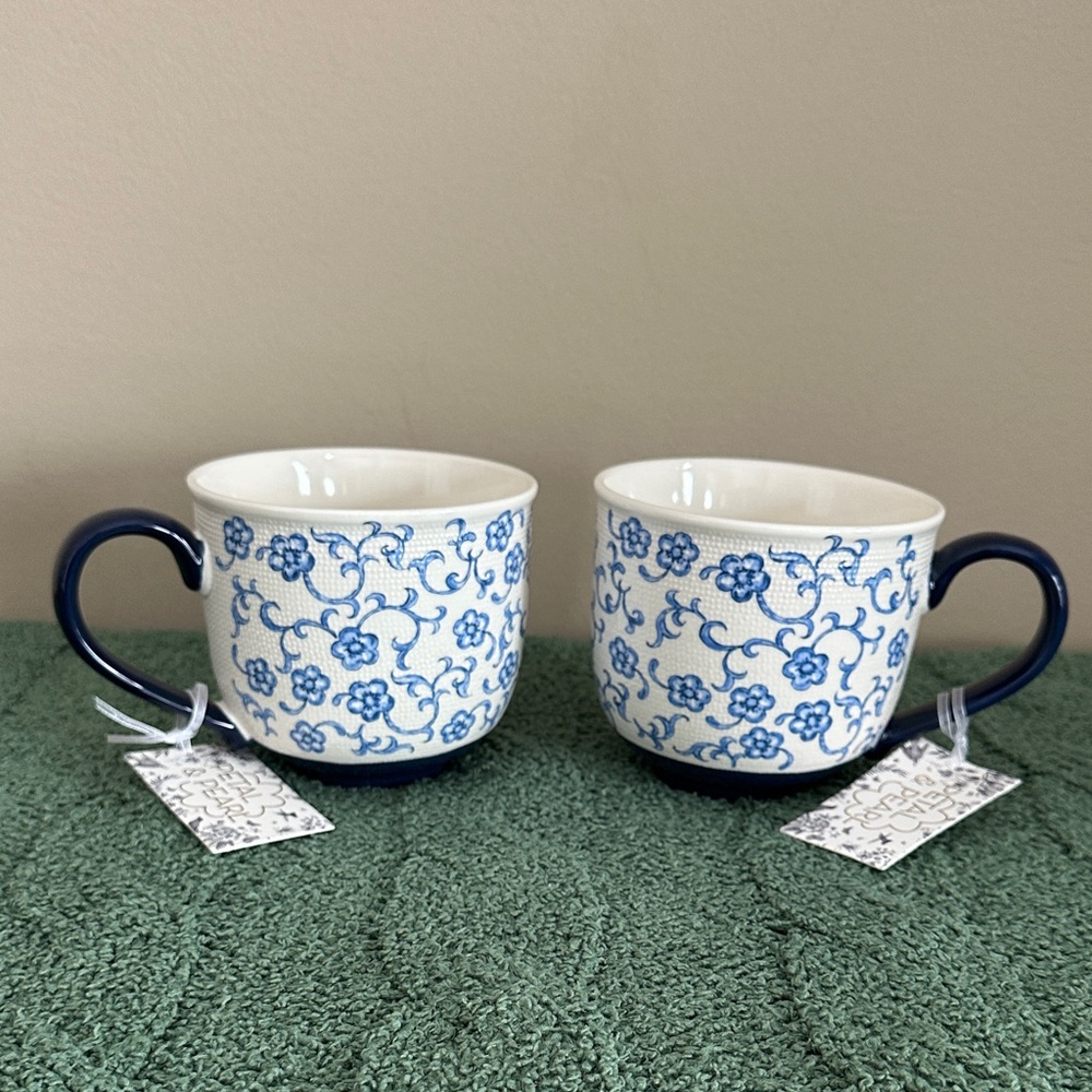Petal & Pearl Blue Floral Scroll Mugs Navy & White Set of 2 NEW!